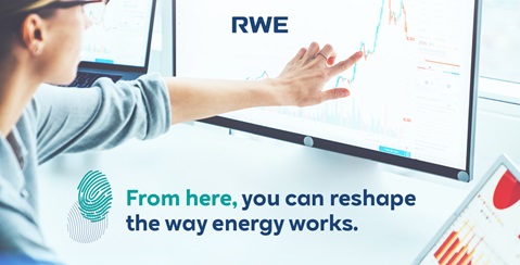A person points at digital charts and graphs on a screen. The RWE logo is displayed at the top.