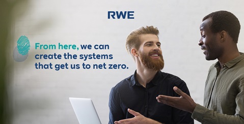 Two individuals engage in a discussion while working on a laptop. The RWE logo is visible at the top.