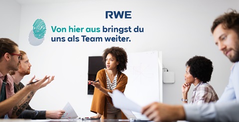 A team in a meeting room with one person presenting. The RWE logo and motivational text are clearly visible.