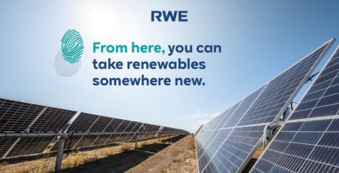 A solar field with solar panels in a sunny landscape, accompanied by RWE's slogan.