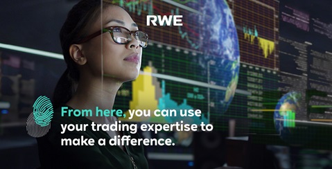 A person in front of data screens showing trading graphs and a globe, promoting expertise in trading with RWE.