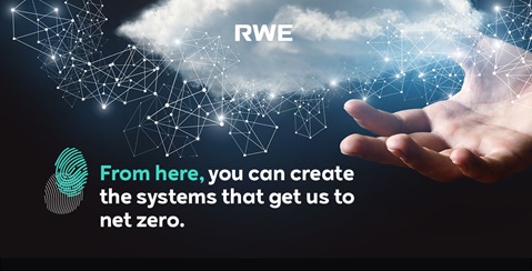 An open hand image with digital connections and a fingerprint conveying a message about creating net zero systems.