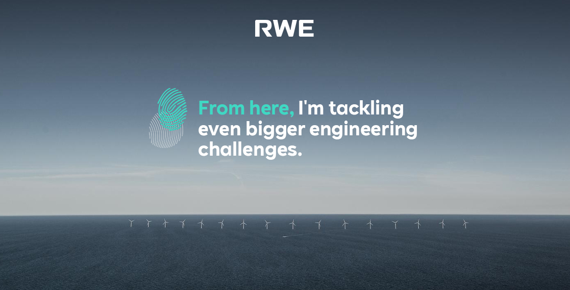 A vast sea with wind turbines in the background. The text encourages tackling bigger engineering challenges.