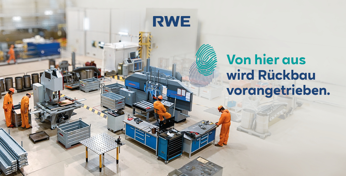 A workshop with workers in orange suits, machines, and tools. RWE logo and text about deconstruction preparation are visible.