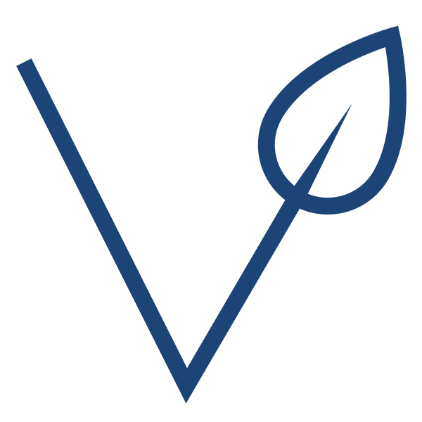 Ein einfaches, stilisiertes Logo mit einem blauen V und einem Blatt, das Nachhaltigkeit symbolisiert.