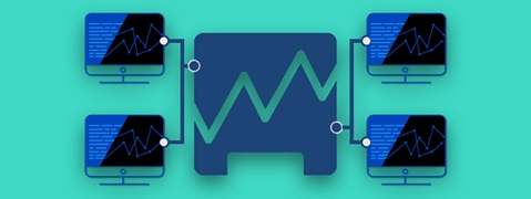 Grafische Darstellung von Bildschirmen mit Datenvisualisierungen, die durch Linien verbunden sind, auf einem grünen Hintergrund.
