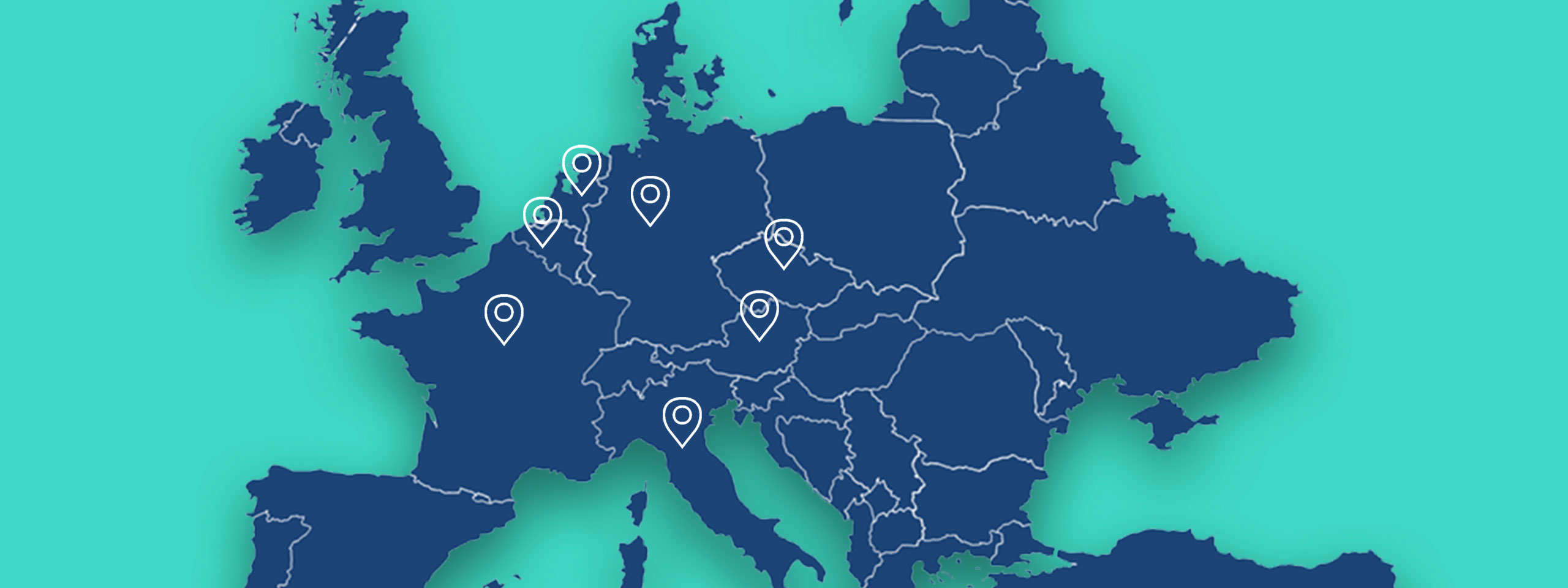 Map of Europe featuring blue countries with white pin symbols located in various regions.
