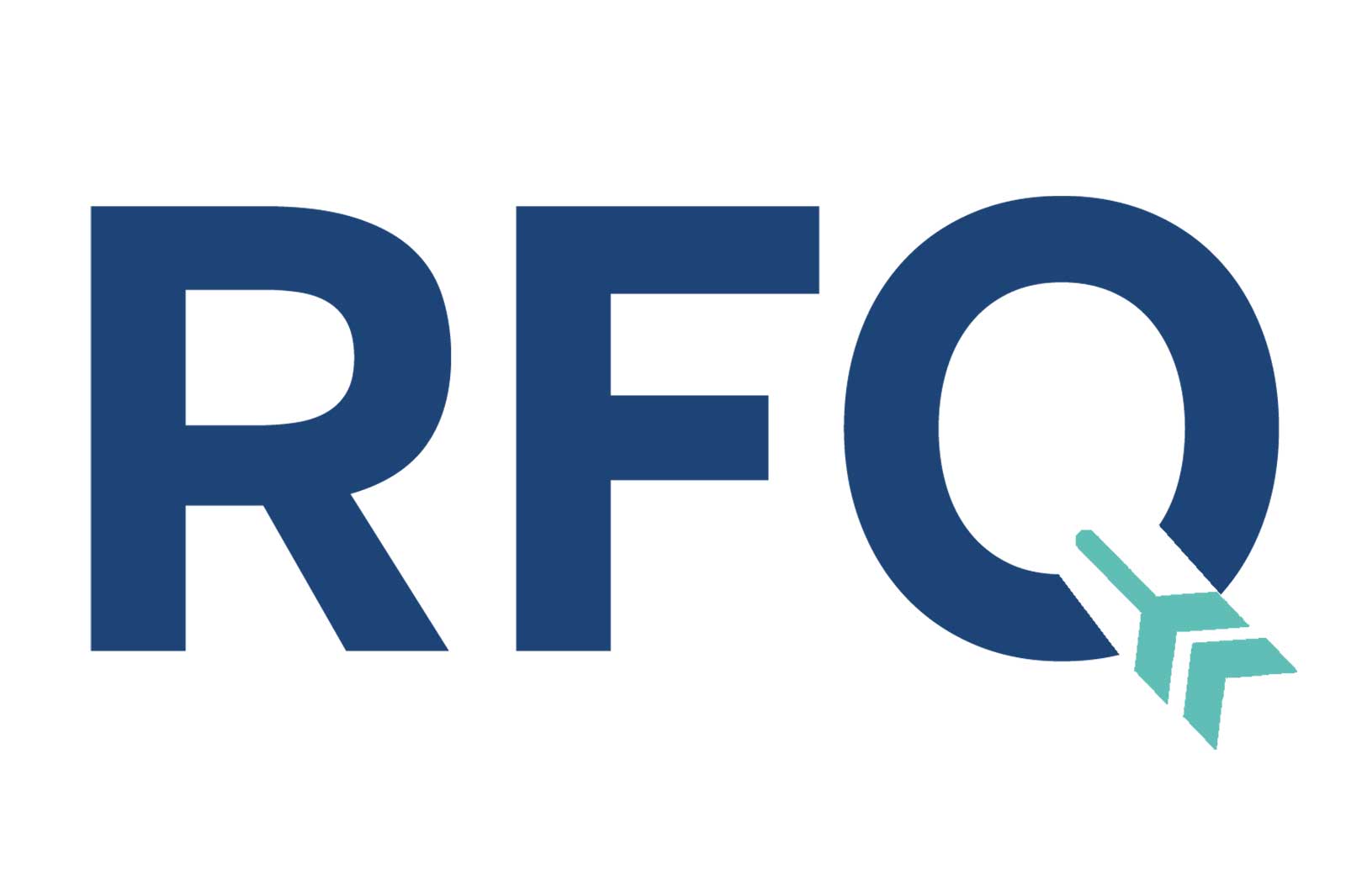 The image features the acronym RFQ in blue letters, accompanied by a mint green arrow attached to the Q.