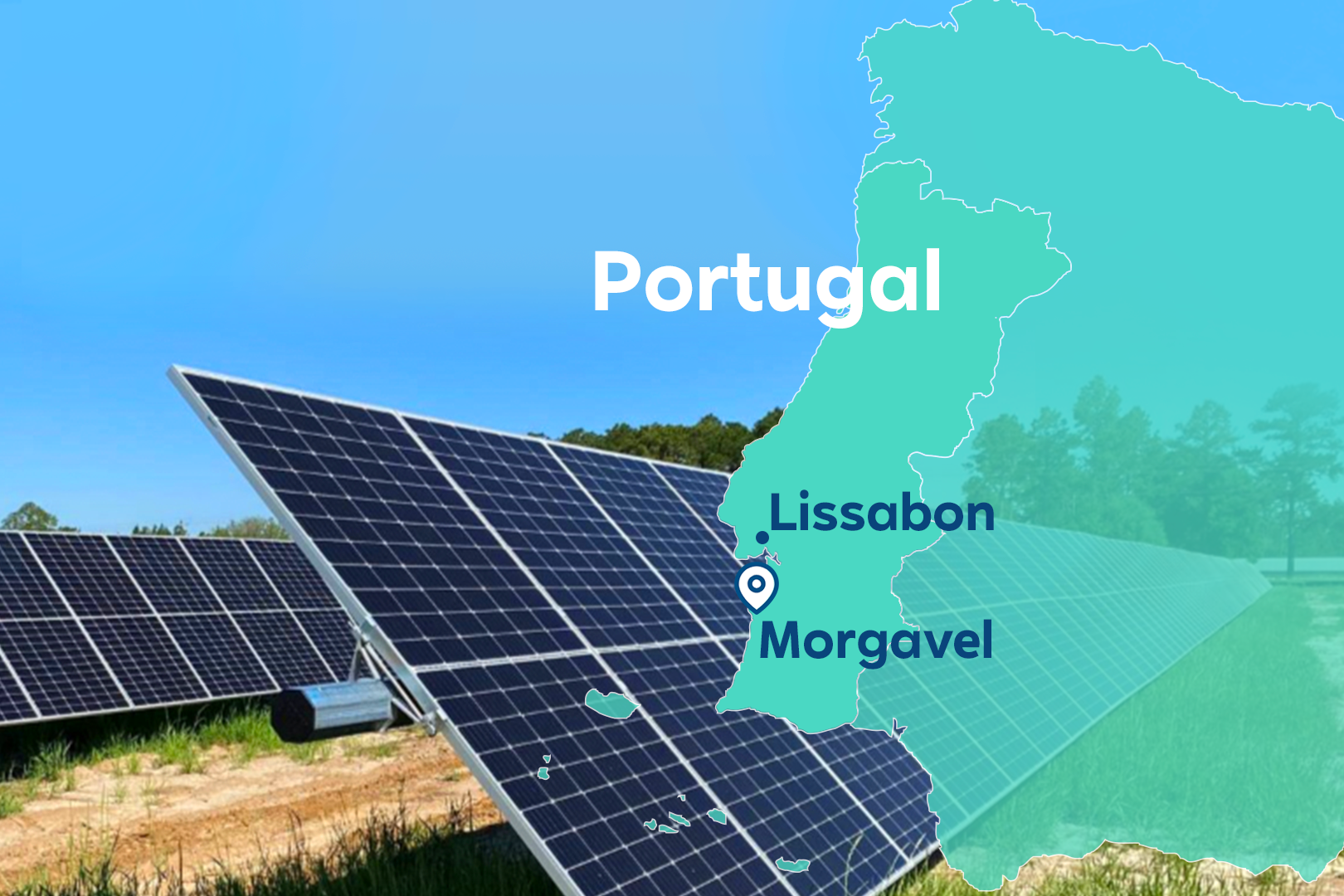 Solarpanels in Portugal mit einer Karte, die Lissabon und Morgavel hervorhebt.