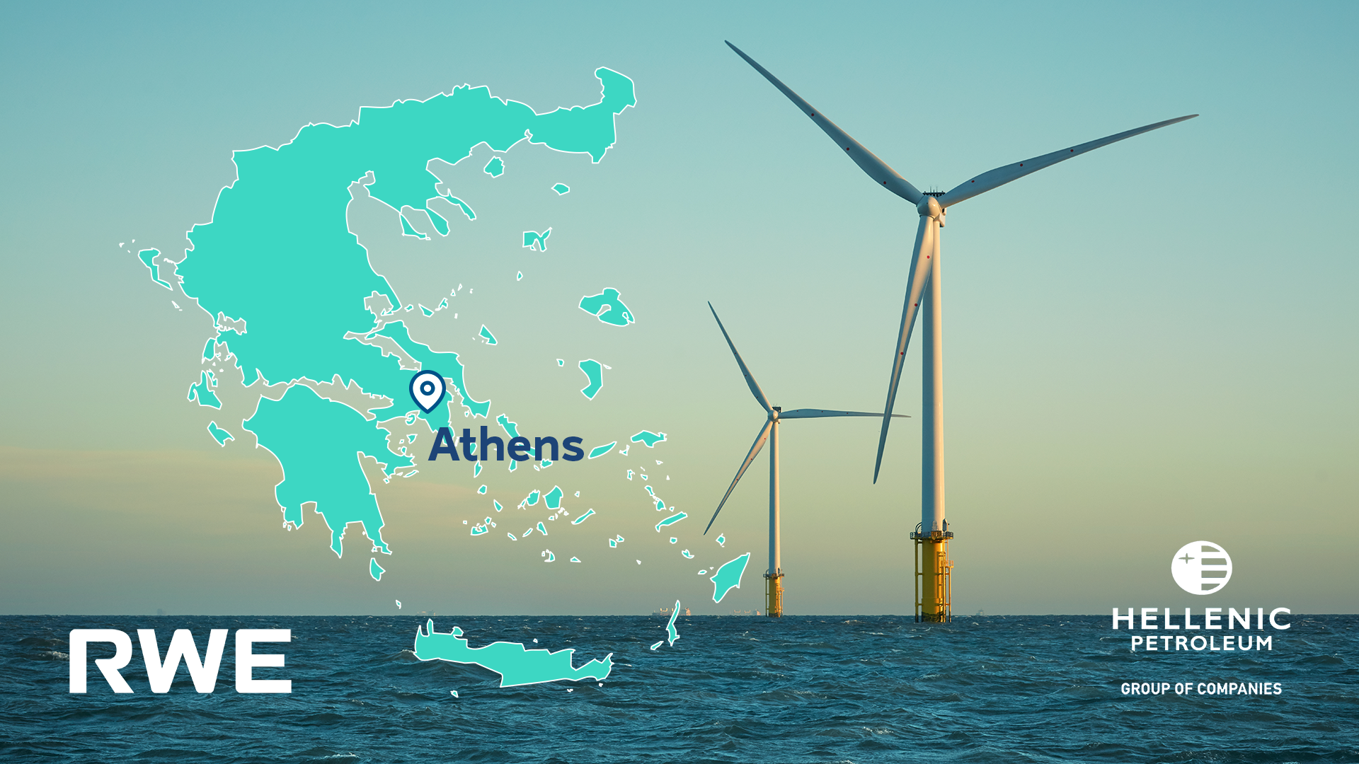 A map highlighting Athens with wind turbines in the background, symbolising renewable energy.