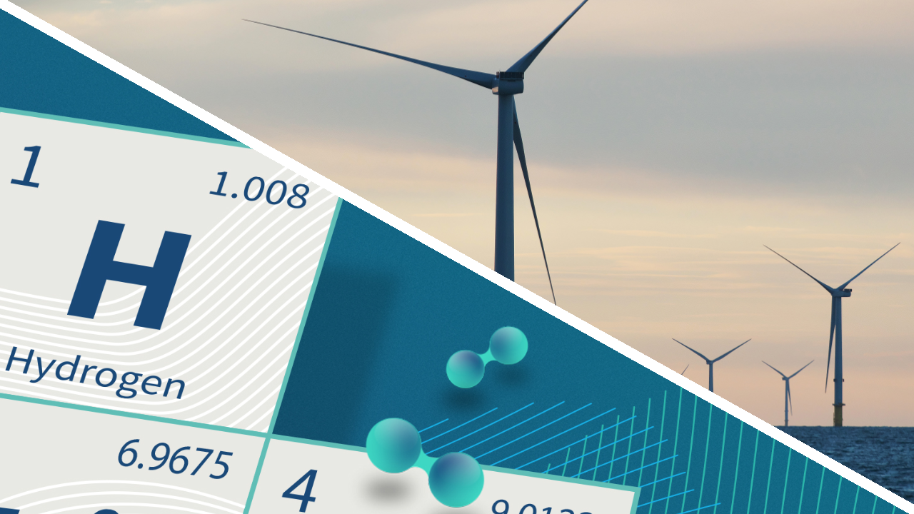 Ein Bild von Windkraftanlagen vor einem bewölkten Himmel, kombiniert mit einer Zusammenfassung des Elements Wasserstoff.
