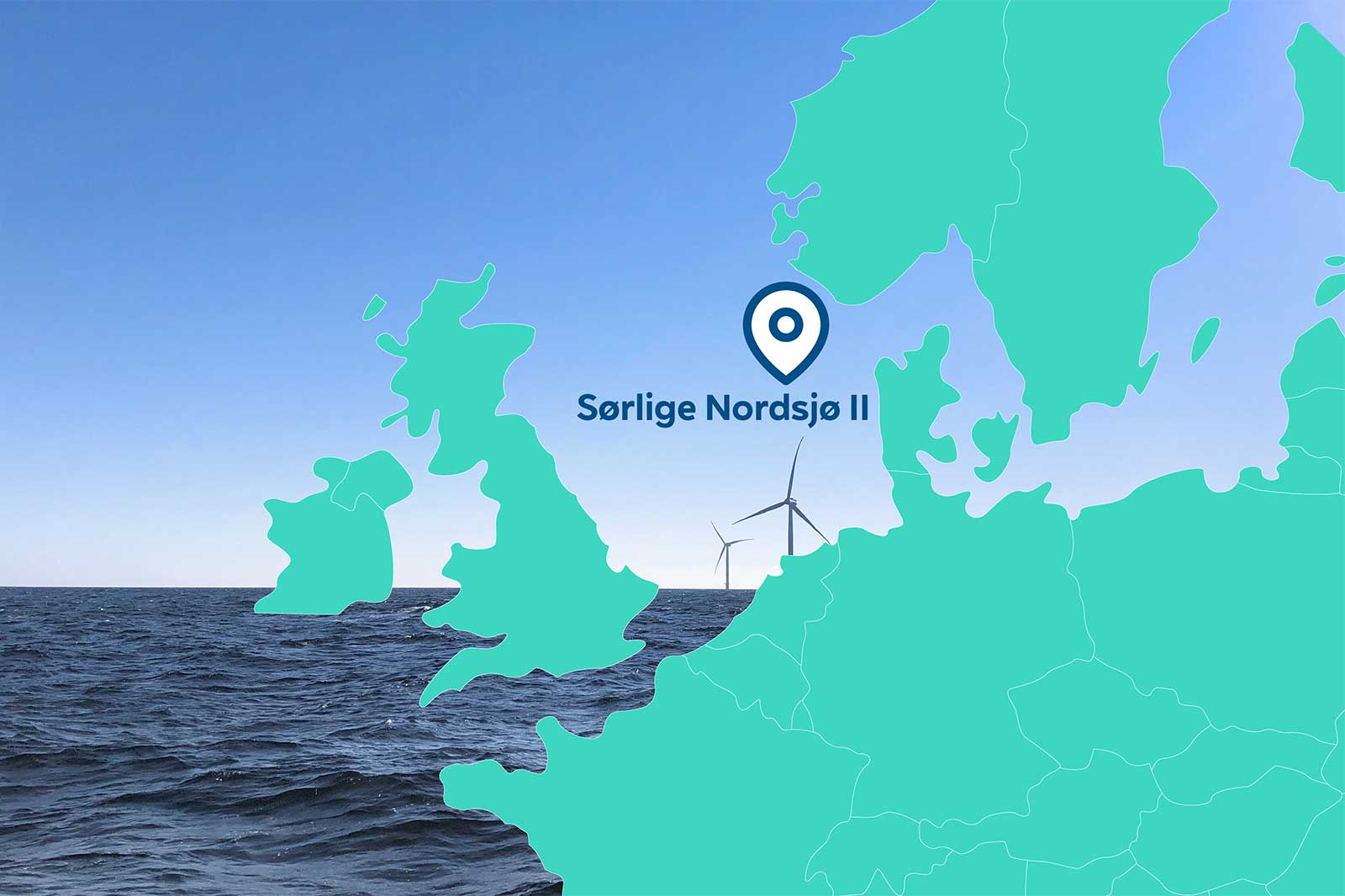 An image of wind turbines in the sea, with a map marker indicating Sørlige Nordsjø II.