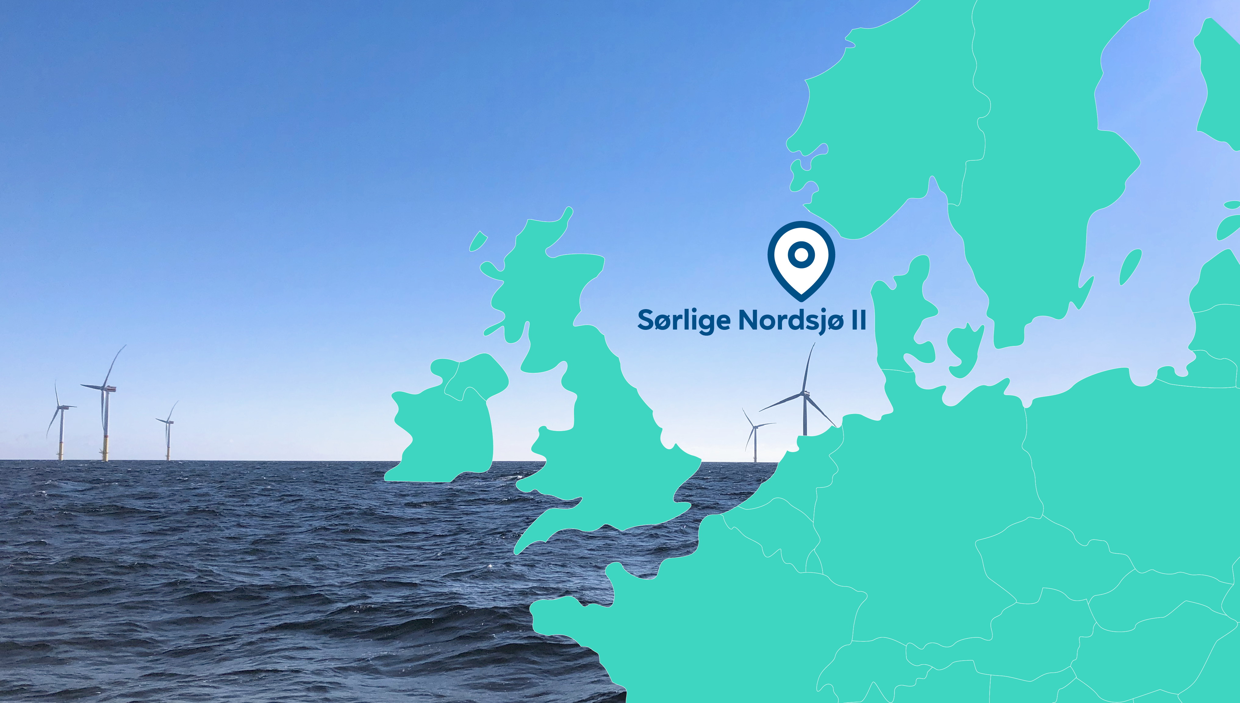 An image of wind turbines in the sea, with a map marker indicating Sørlige Nordsjø II.