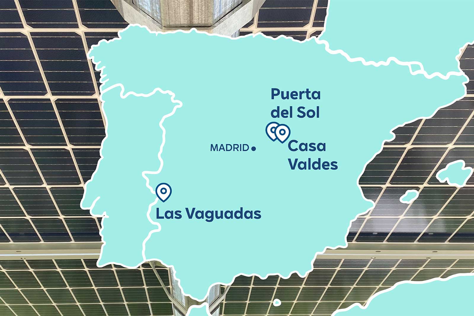 A map of Spain highlighting locations: Puerta del Sol, Casa Valdes, and Las Vaguadas, with solar panels above.