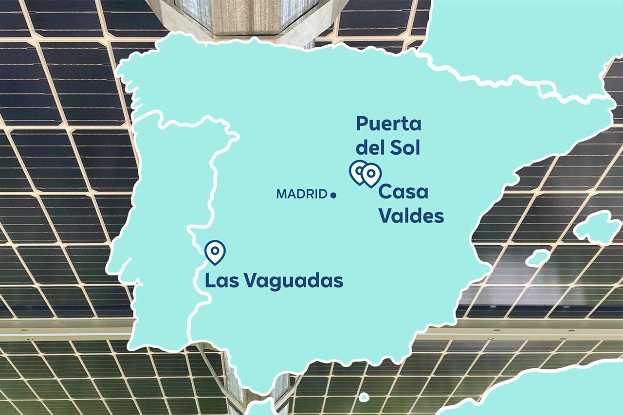 A map of Spain highlighting locations: Puerta del Sol, Casa Valdes, and Las Vaguadas, with solar panels above.