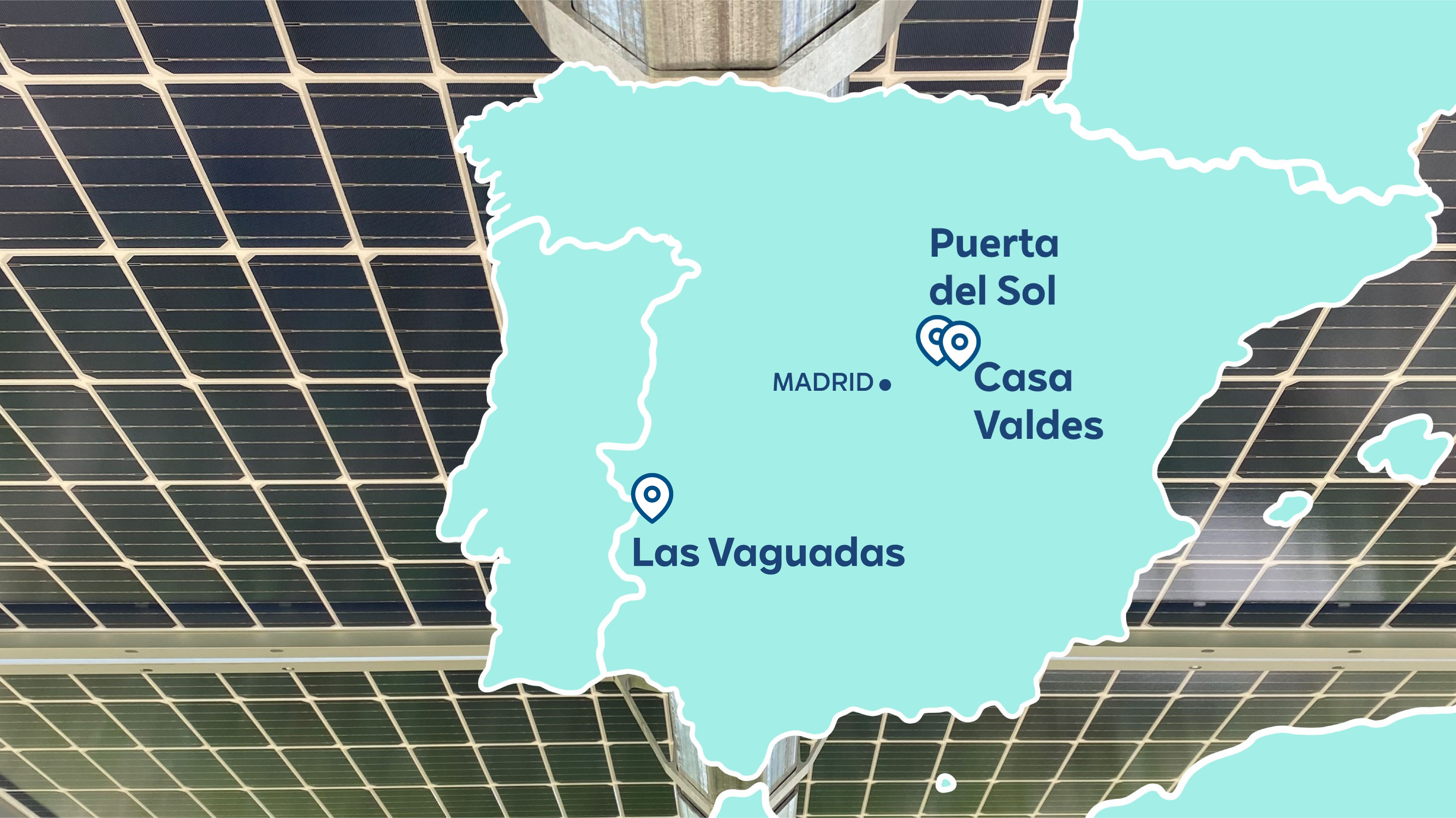 A map of Spain highlighting locations: Puerta del Sol, Casa Valdes, and Las Vaguadas, with solar panels above.