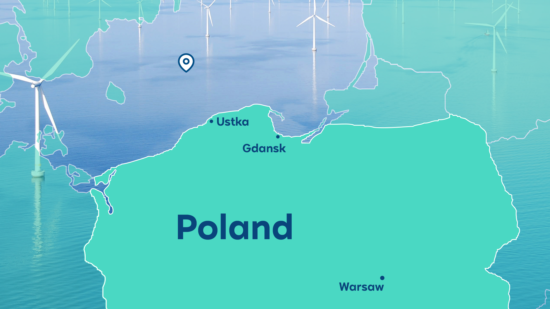 A map of Poland highlighting Gdansk, Ustka, and Warsaw with wind turbines in the Baltic Sea.