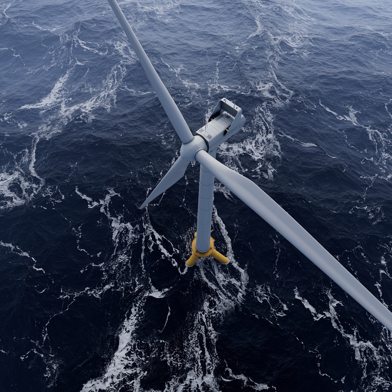 Aerial view of an offshore wind turbine, featuring long blades above the dark ocean waves.