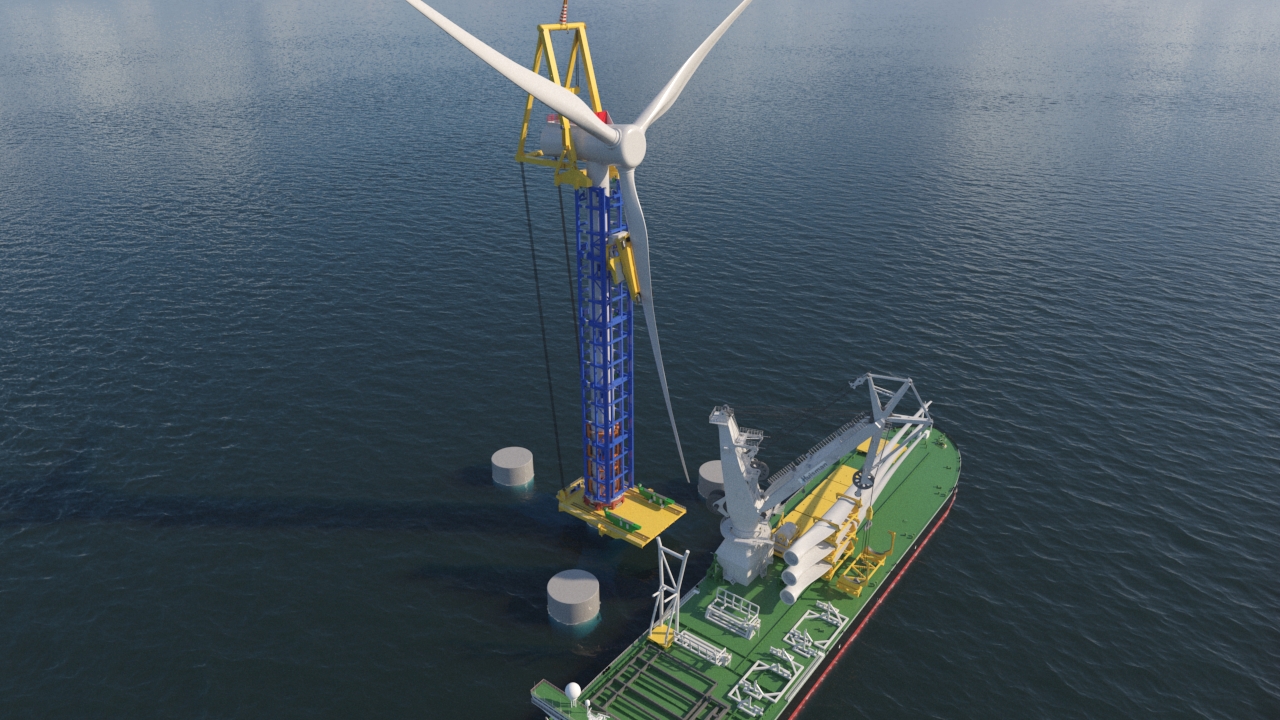 A wind turbine being assembled at sea, with a specialised vessel supporting the installation process.