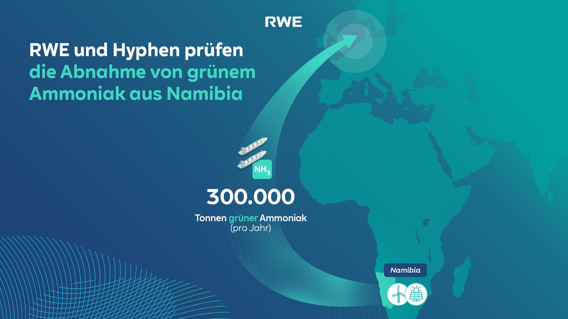 RWE und Hyphen prüfen die Abnahme von grünem Ammoniak aus Namibia, 300.000 Tonnen pro Jahr.