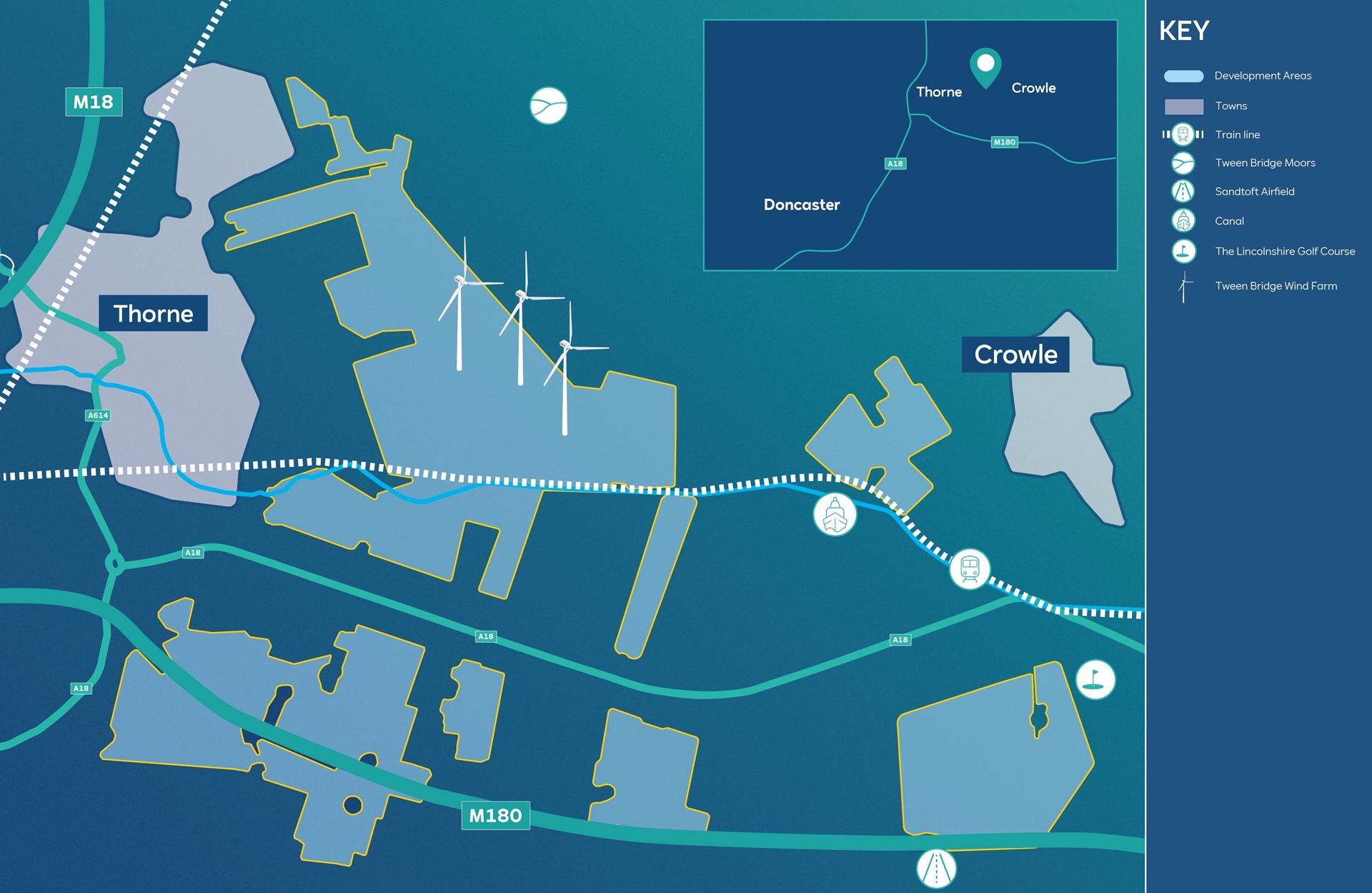 Map showing Thorne and Crowle, highlighting wind farms, train lines, and development areas.