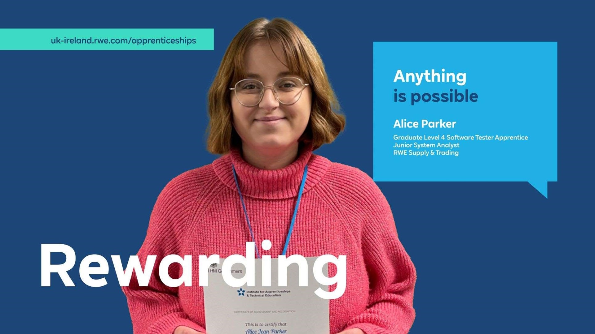 A person in a pink sweater holds a certificate, promoting apprenticeship opportunities at RWE Supply & Trading.