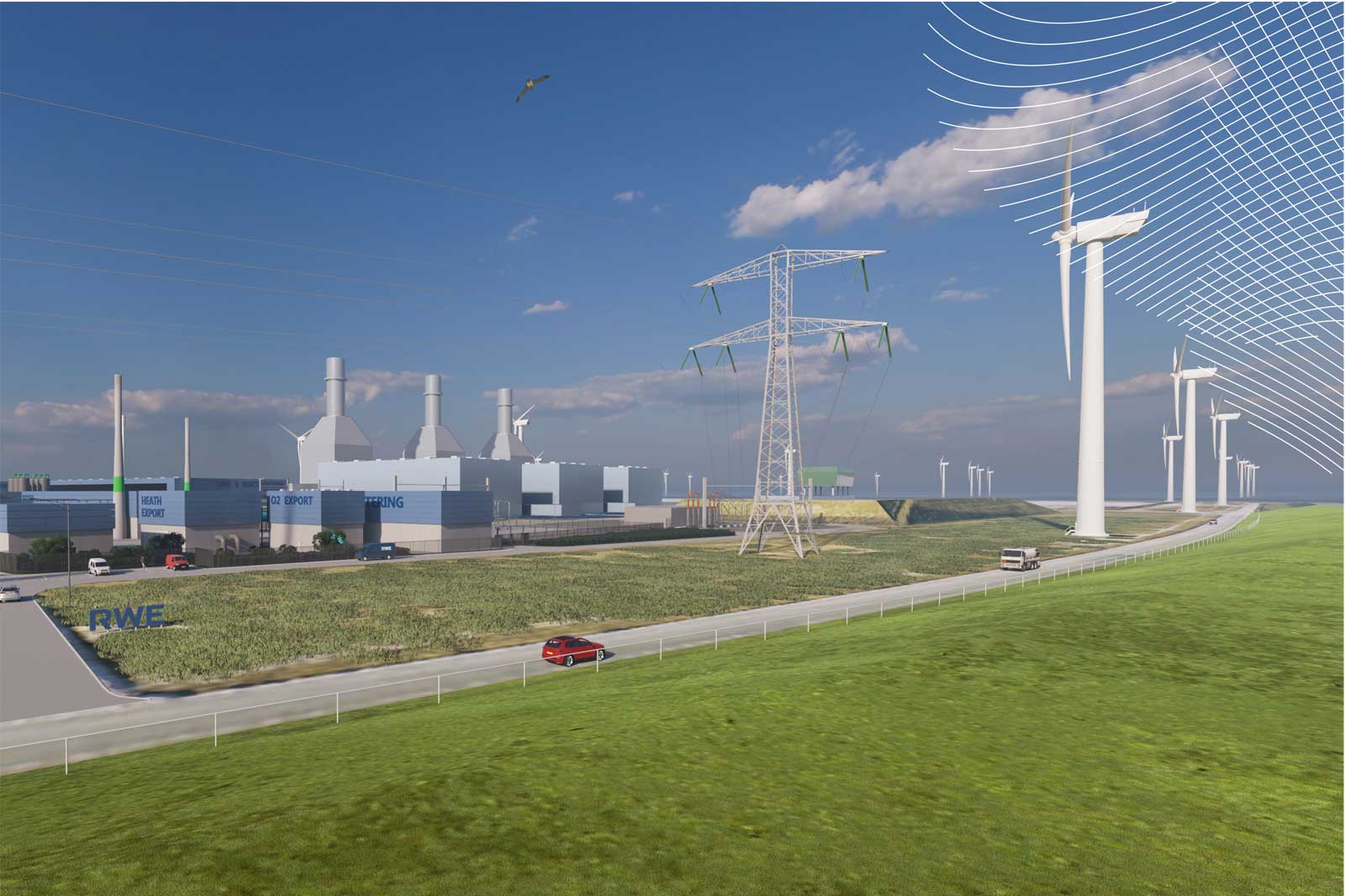 A landscape featuring wind turbines, a power plant, and a road with vehicles, under a blue sky with clouds.