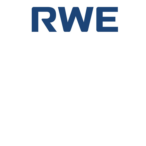 The image displays the RWE logo, in blue lettering on a white background.