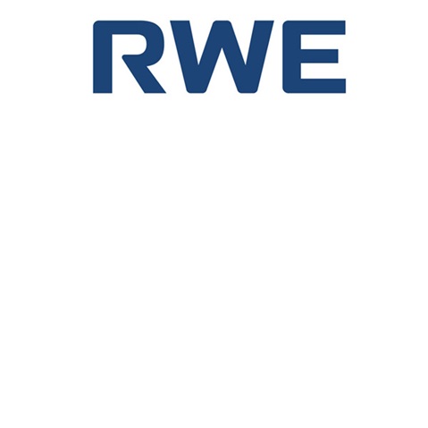 The image displays the RWE logo, in blue lettering on a white background.