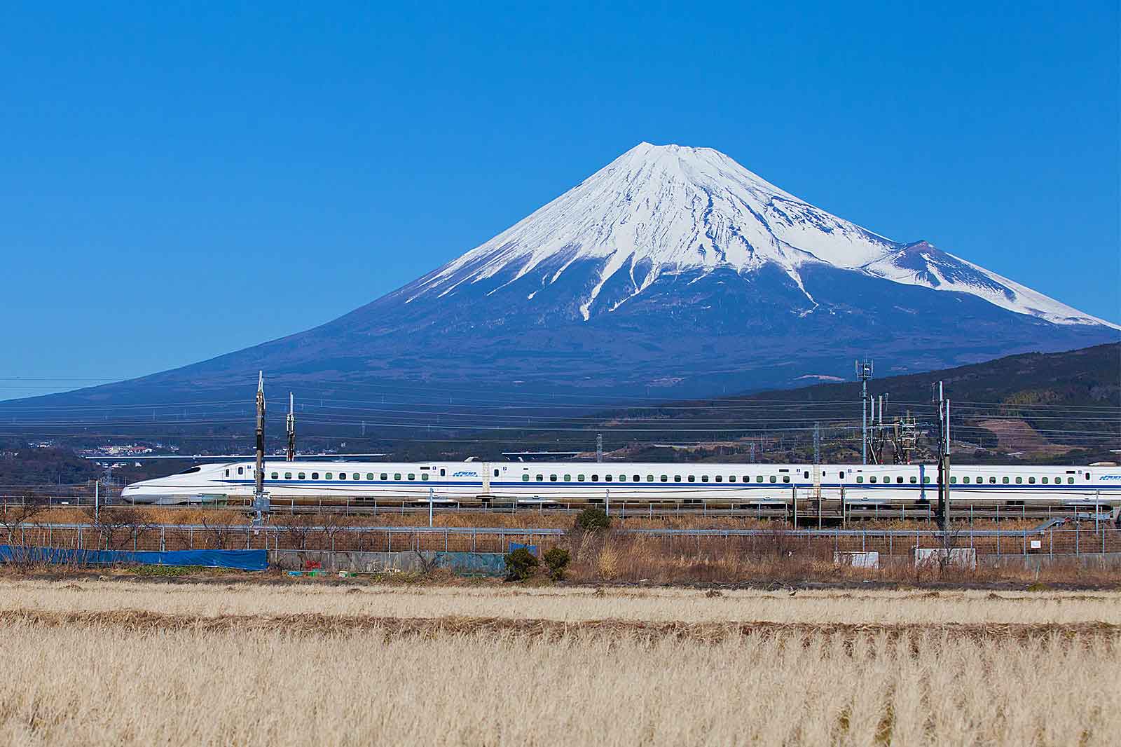 A Shinkansen train travels alongside Mount Fuji, under a clear blue sky, with fields in the foreground.