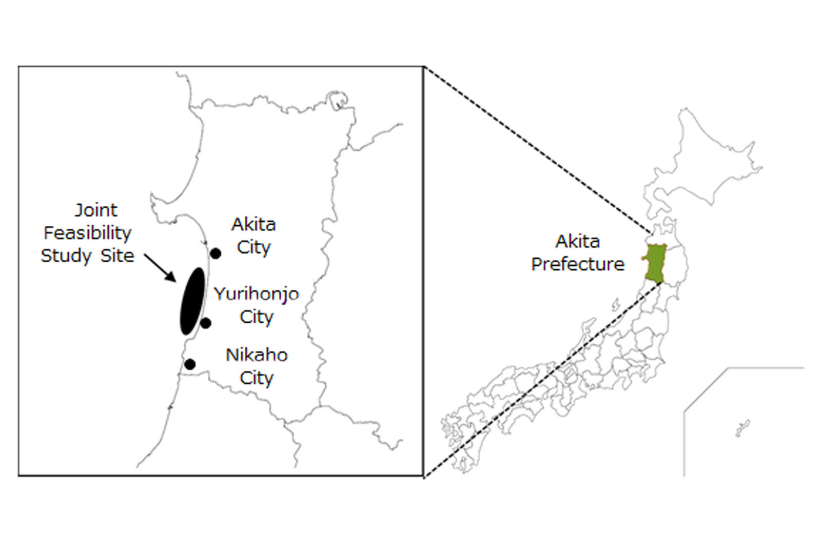Map showing Akita Prefecture in Japan, highlighting Akita City, Yurihonjo City, and Nikaho City with a feasibility study site.