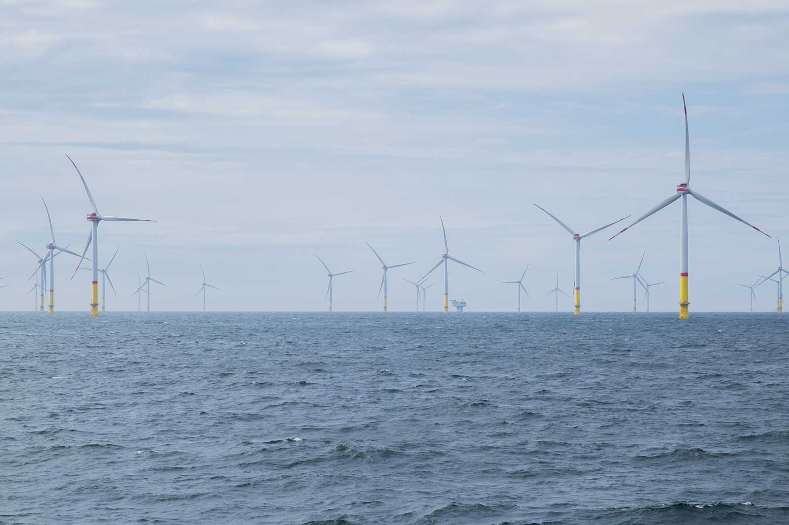 A vast ocean scene featuring multiple wind turbines on yellow bases, under a cloudy sky with gentle waves.