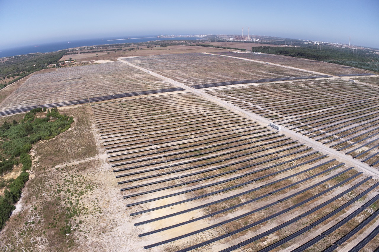 Aerial view of a vast solar farm with numerous panels, bordered by greenery and the sea in the distance.