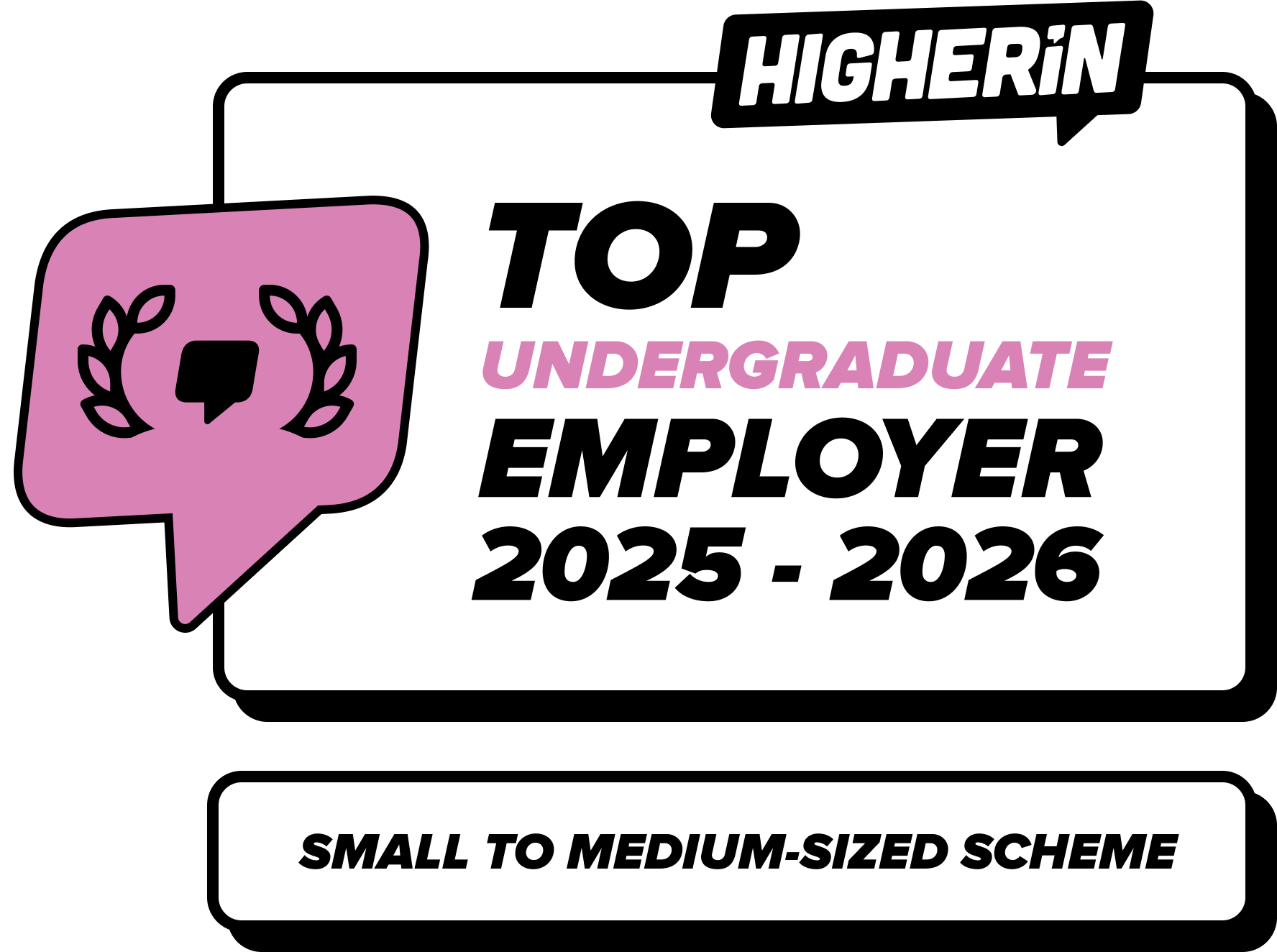 Ein Abzeichen mit der Aufschrift 'Bester Arbeitgeber für Studierende 2025 - 2026' in einem pinkfarbenen Sprechblasen-Design.