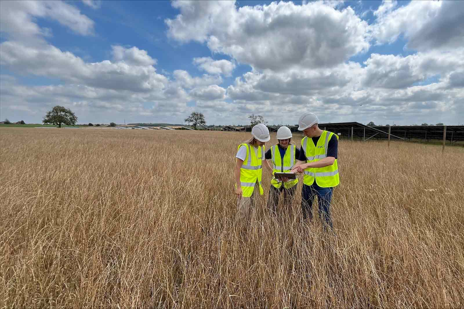 Four individuals in high-visibility vests examine a device in a tall grass field under a cloudy sky.