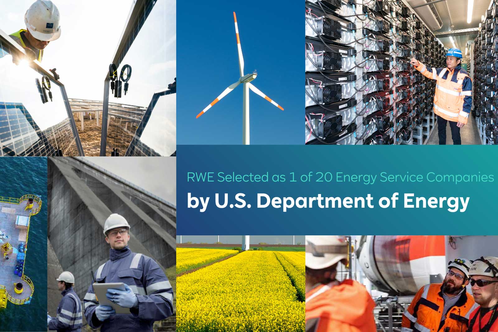 Collage showcasing renewable energy efforts, featuring solar panels, wind turbines, and energy storage solutions.