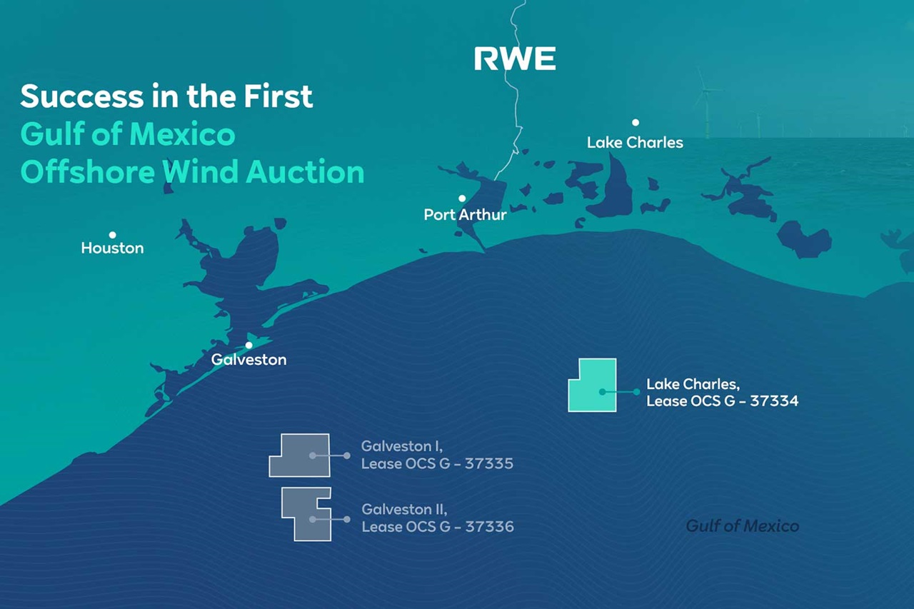 Map showing Gulf of Mexico offshore wind auction locations, including Galveston and Lake Charles.