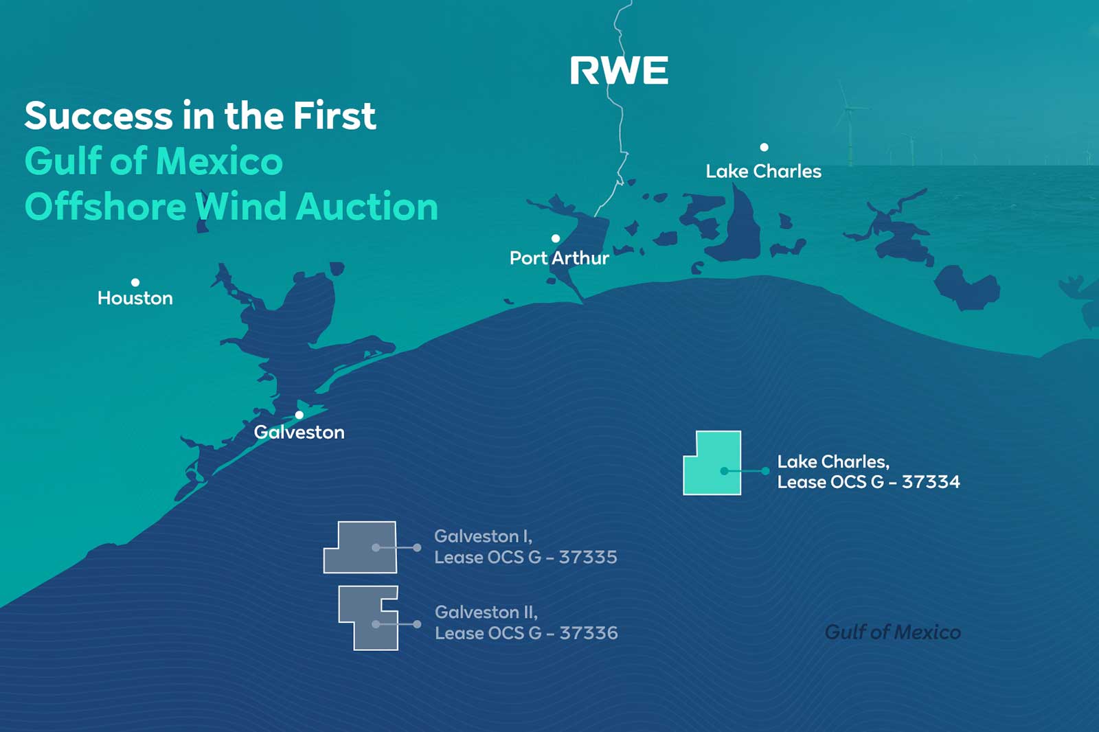 Eine Karte, die die Standorte der Auktion für Offshore-Windenergie im Golf von Mexiko zeigt, einschließlich Galveston und Lake Charles.