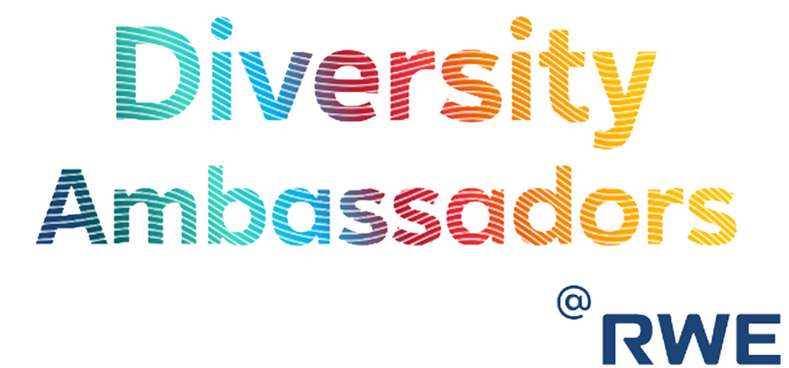 Text graphic featuring the words 'Diversity Ambassadors @ RWE' in colourful, striped letters.