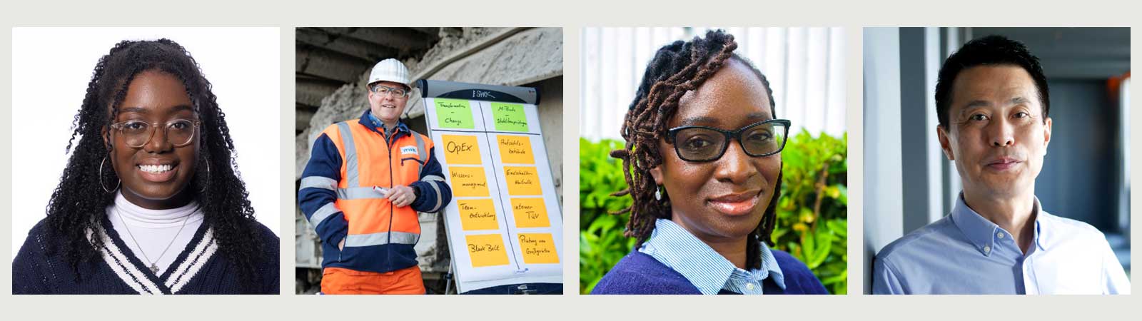 hotspot-intergenerational-profiles Verschiedene Personen in einem Format mit farbigen Notizen und einer Person in Arbeitskleidung auf Baustelle.