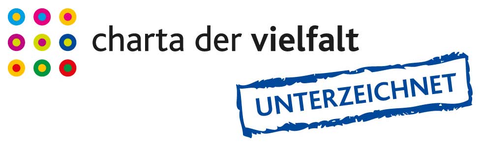 Logo der Charta der Vielfalt mit bunten Punkten und dem Schriftzug 'Unterzeichnet'.