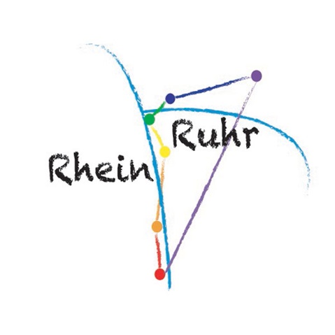 Logo von Rhein Ruhr mit bunten Punkten und geschwungenen Linien, das eine Verbindung zwischen den Regionen darstellt.