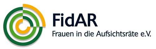 Das Logo von FidAR zeigt konzentrische Kreise in Grün, Gelb und Orange mit dem Schriftzug 'FidAR Frauen in die Aufsichtsräte e.V.