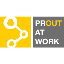 Logo von PRout at Work mit gelben und grauen Elementen, das eine Molekülstruktur darstellt.