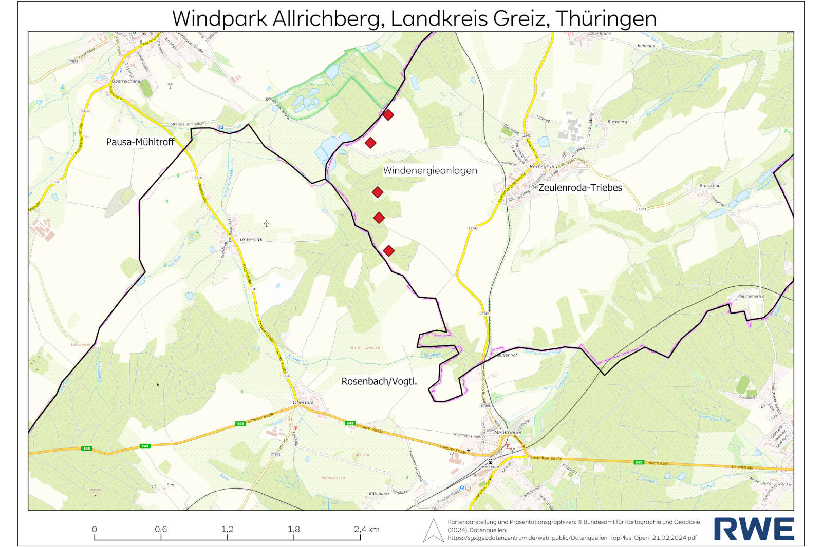 Karte des Windparks Allrichberg im Landkreis Greiz, Thüringen, mit Windenergieanlagen und umliegenden Straßen.