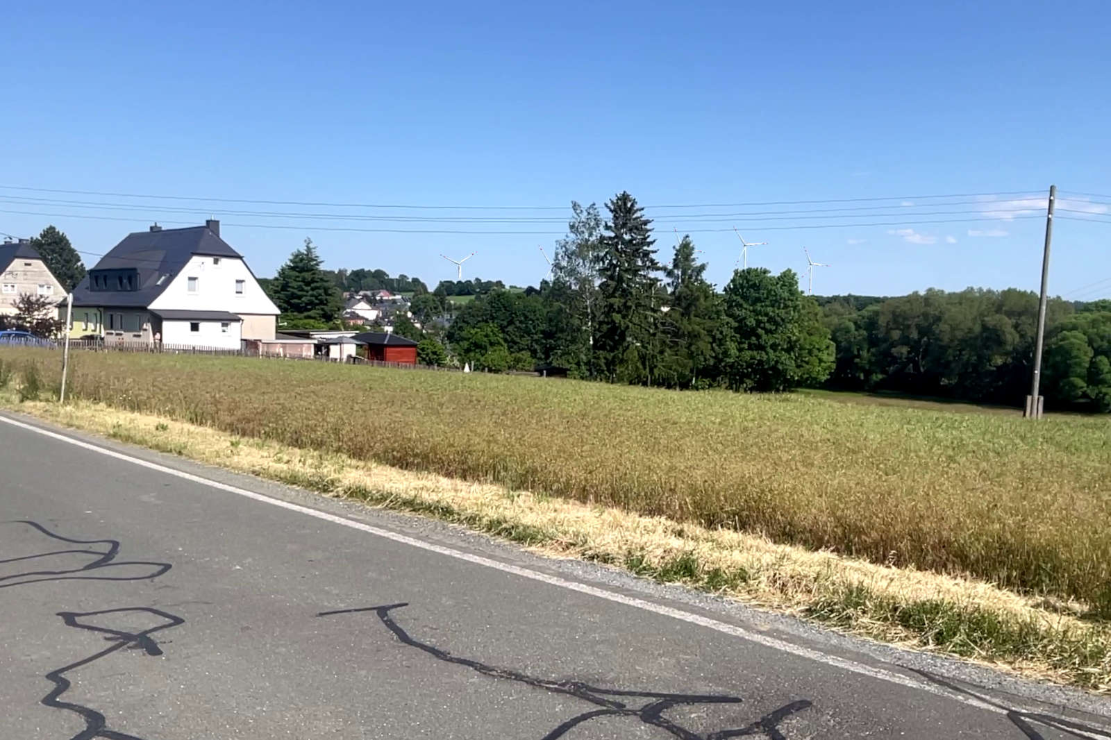 Ein ländlicher Weg verläuft neben einem Feld mit hohem Gras, umgeben von Bäumen und Häusern. Windkraftanlagen sind im Hintergrund sichtbar.
