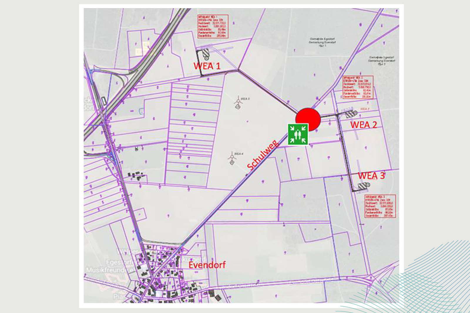 Eine Karte zeigt Windkraftanlagen (WEA 1, 2, 3, 4) in der Nähe von Evendorf, mit Schulweg markiert.