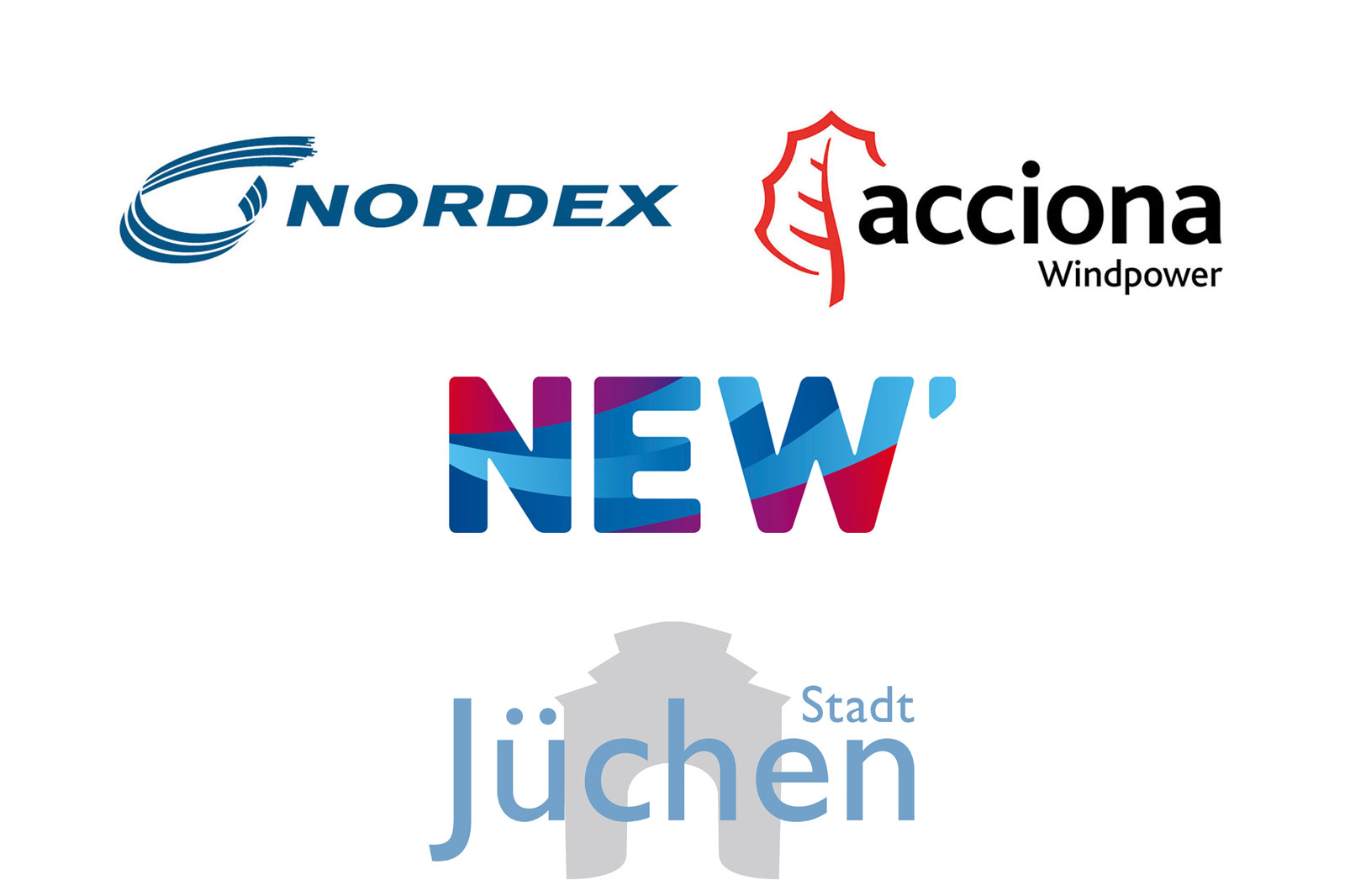 Logos von Nordex, Acciona Windpower, NEW und Jüchen Stadt zusammen angezeigt.