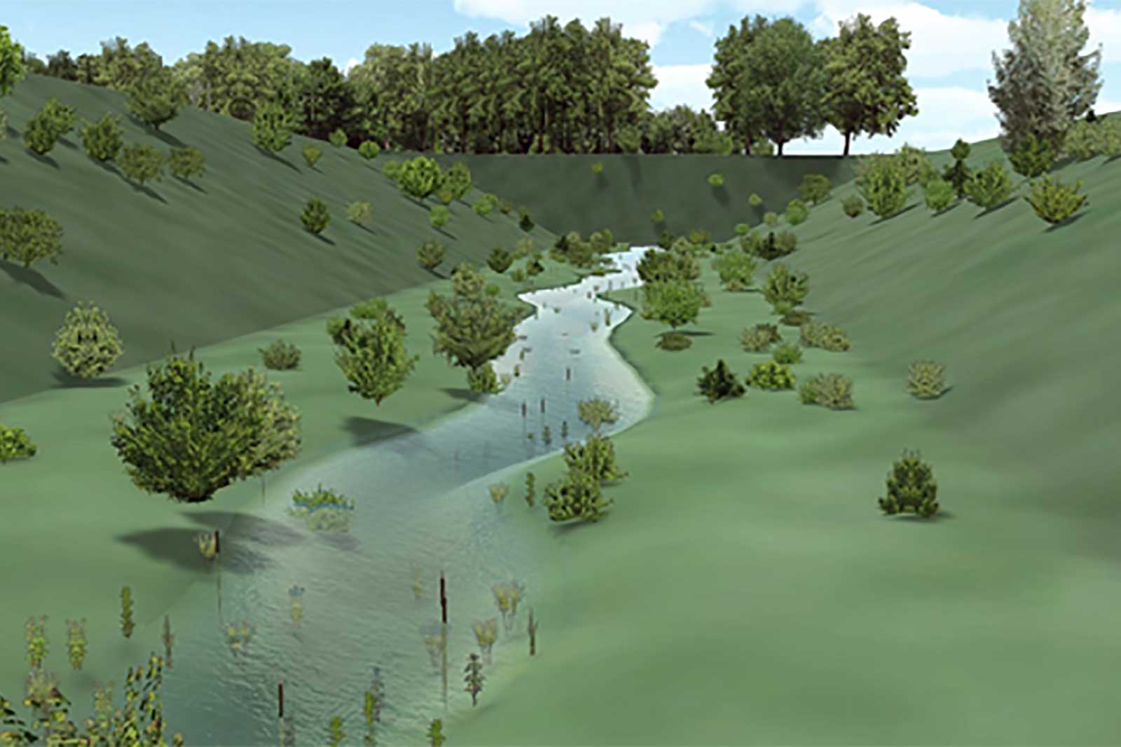 Eine friedliche Landschaft mit einem gewundenen Fluss, umgeben von üppigem Grün und sanften Hügeln unter einem blauen Himmel.