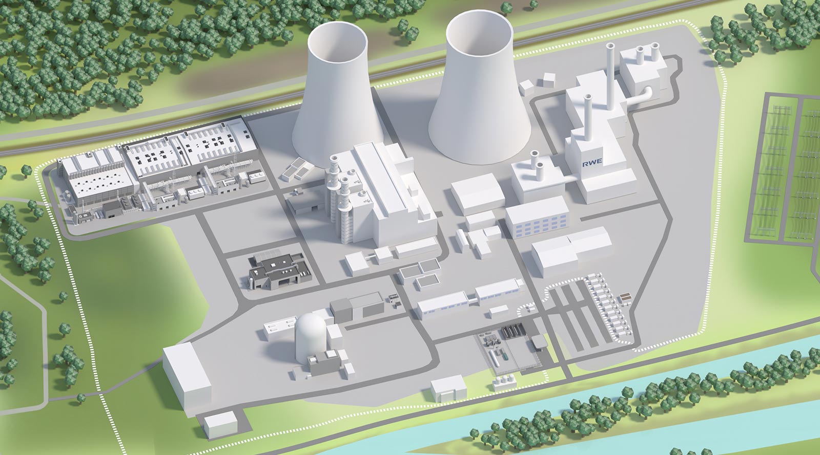 The energy location Lingen | RWE An aerial view of an industrial site featuring cooling towers, factories, and a solar array surrounded by greenery.